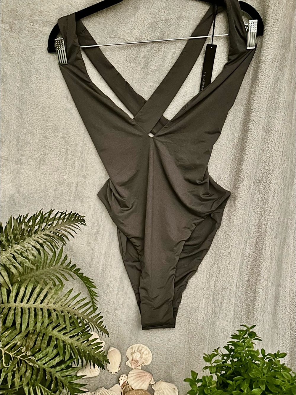 Myra One-Piece Swimsuit with Cross-Back Straps in Shadow.